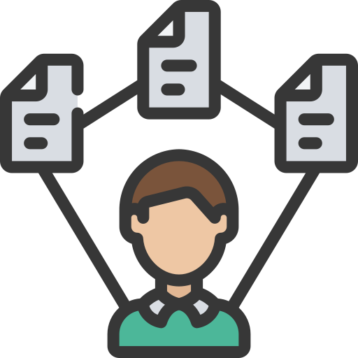 Illustration of a person with three documents connected by lines, symbolizing document management or information processing. Illustration of a person with three documents connected by lines, symbolizing document management or information processing.